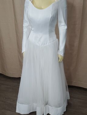 Mon Cheri White Satin Bodice with Long Sleeves and Tulle Skirt Wedding Dress